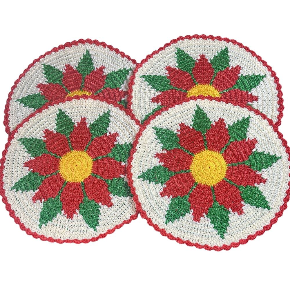 Set of 4 Handmade Crochet Floral Placemats Round Red Cream Green 13" New